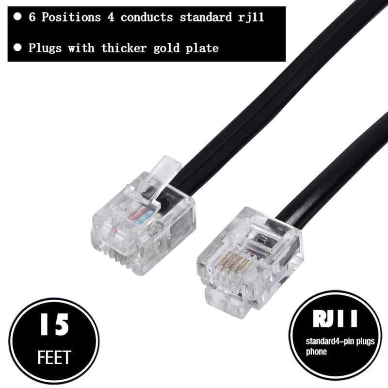 Ubramac 15ft Phone Telephone Extension Cord Cable Line Wire with Standard RJ11 6P4C Plugs for Landline Telephone,(Black, 2Pack) - Image 3